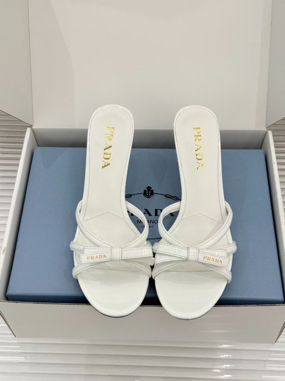 Prada White Bow Slide Mule Heels Logo Strappy Open Toe Sandals